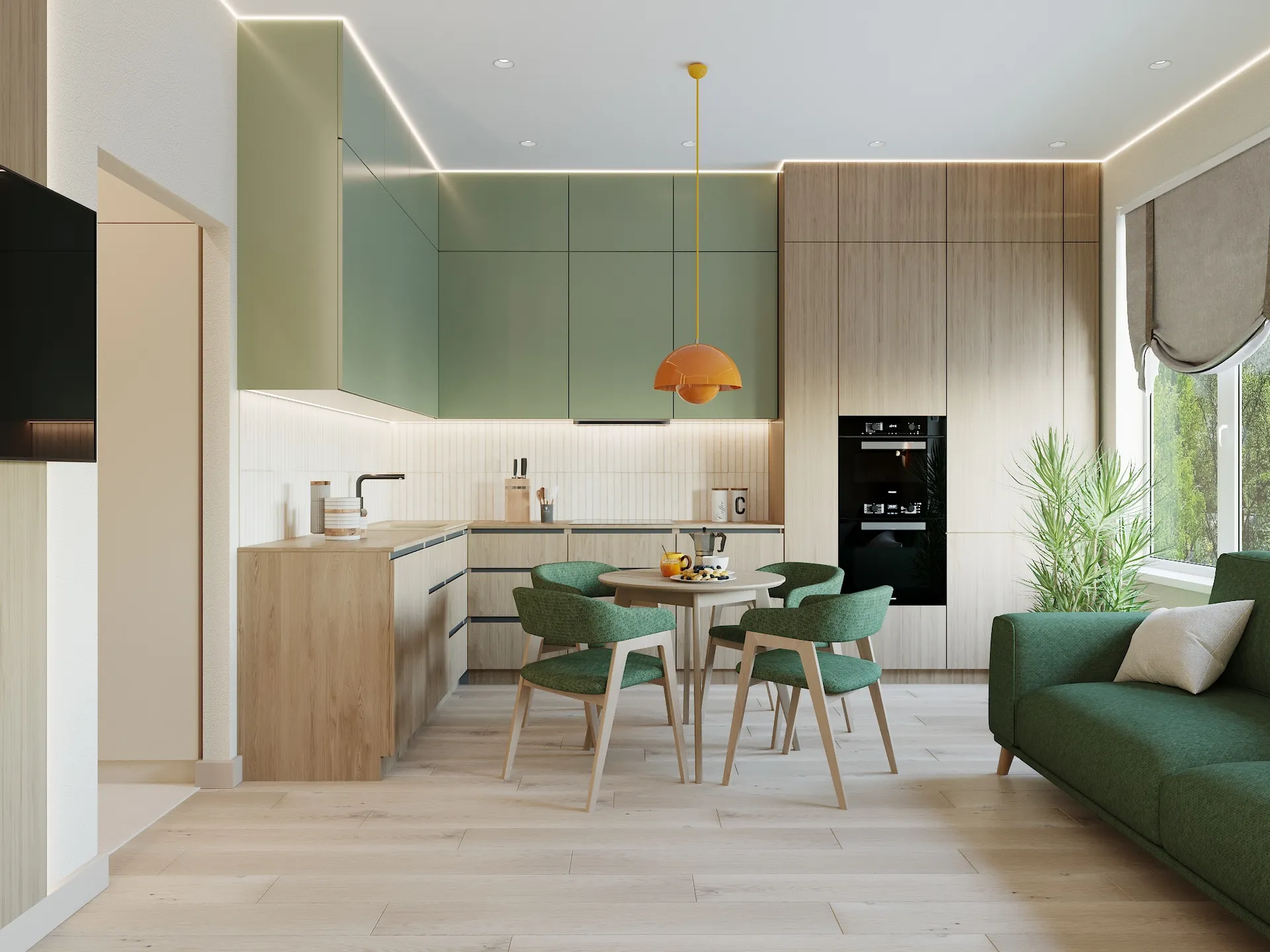 "Кухня-гостиная в современном эко-минимализме с природными материалами и светлыми оттенками"