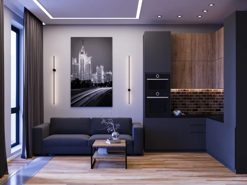 "Кухня-гостиная в современном стиле с открытой планировкой и светлыми оттенками в ЖК «Время»"