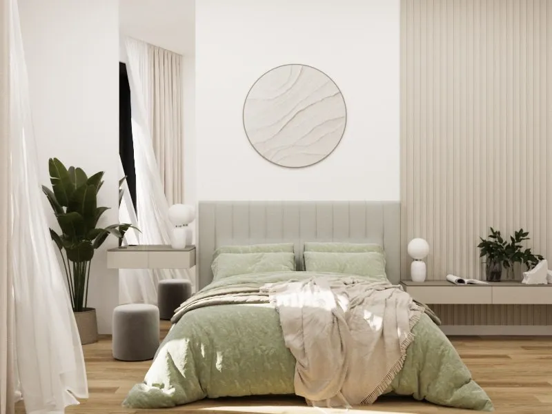 "Современная спальня с уютной кроватью и стильным освещением в ЖК «Шампайн»"