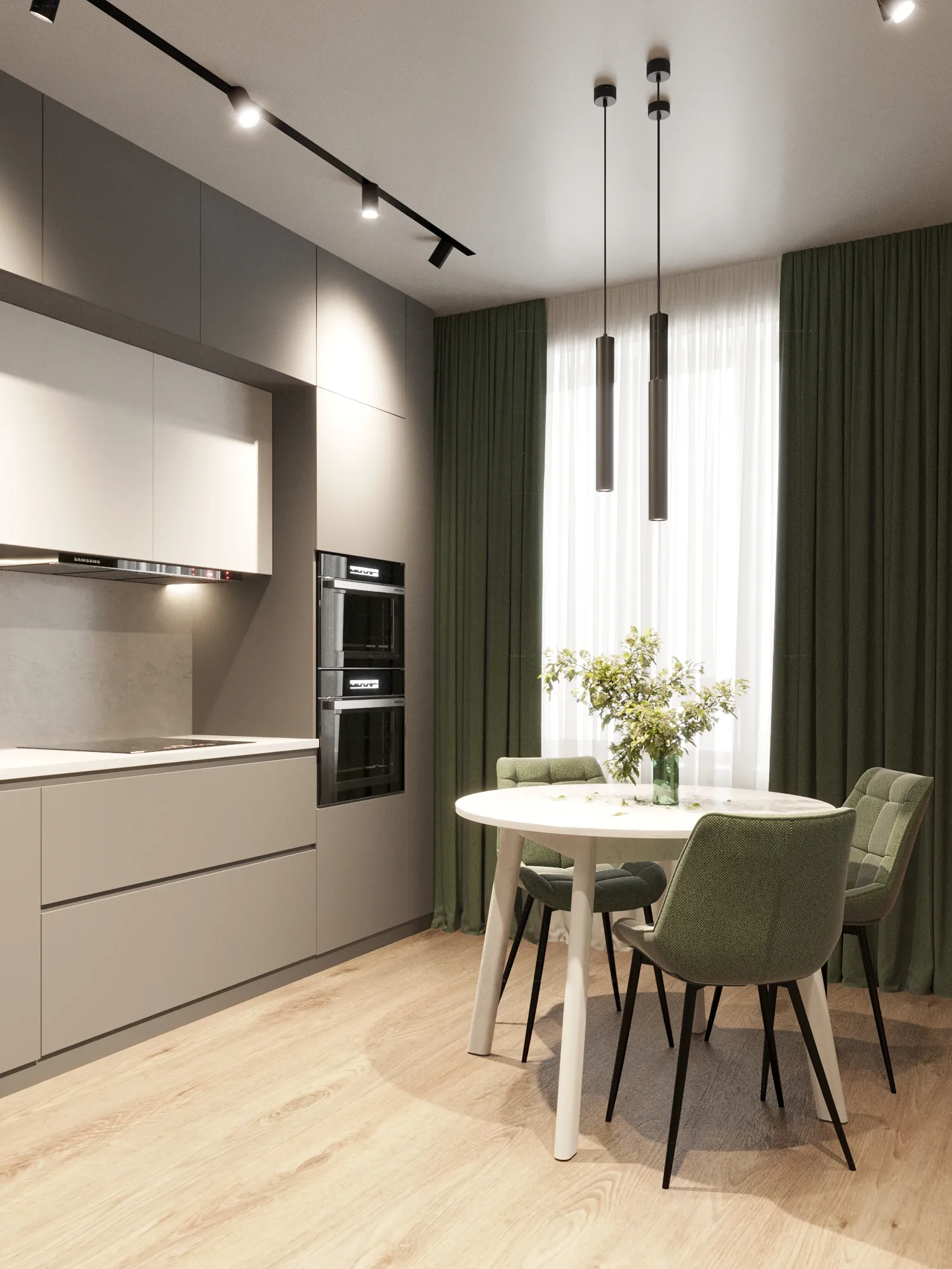 "Современная кухня в лаконичном стиле с удобной зоной для готовки и обеденным столом в ЖК «Некрасовка»"