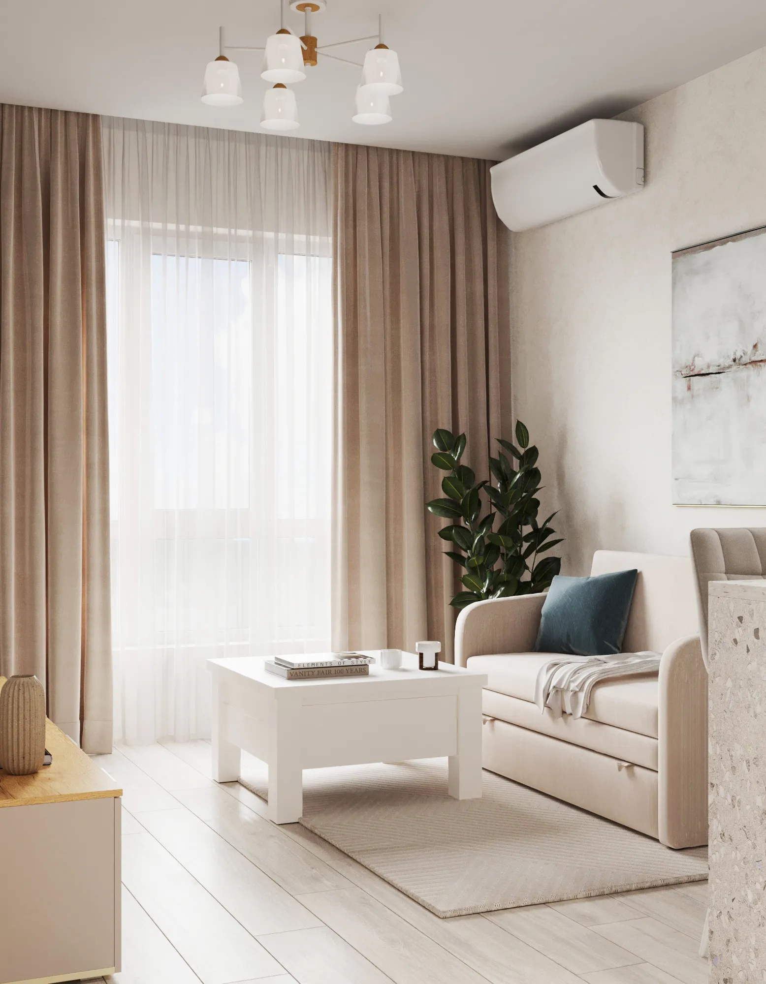 "Функциональная гостиная в евро-двушке 38 м² в ЖК «Руставели 14» с современным дизайном и уютной атмосферой"